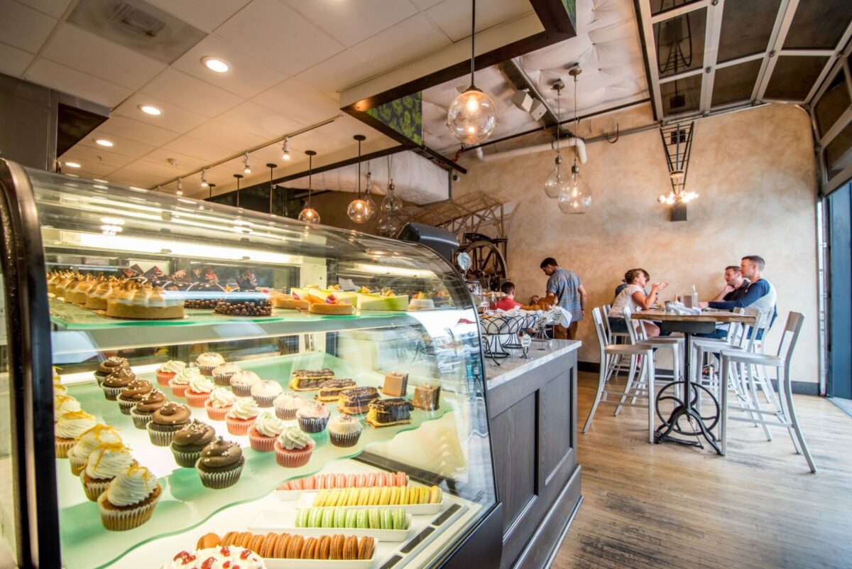 Naples bakery with colorful cupcake display 